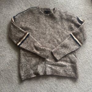 J. Crew Men's Heather Brown Crewneck Sweater with Navy Stripes